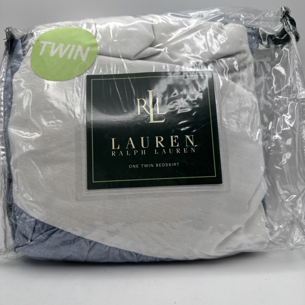 Vintage 90s Ralph Lauren Bedskirt Dust Ruffle TWIN Size Chambray Blue USA Cotton